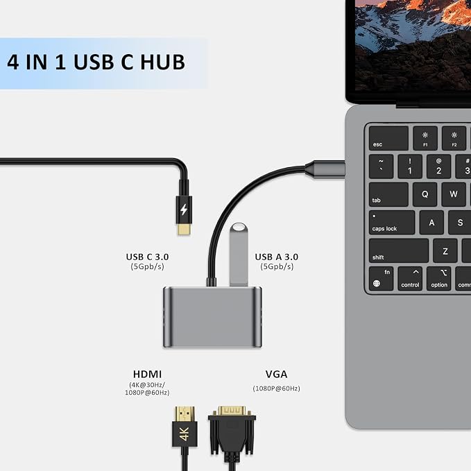 USB C Hub, 4 in 1 USB C Adapter with 4K HDMI, VGA, USB A 3.0, USB C 3.0, Compatible with MacBook, iPad, Laptops, Tablets, Smartphones and OTG Function Devices