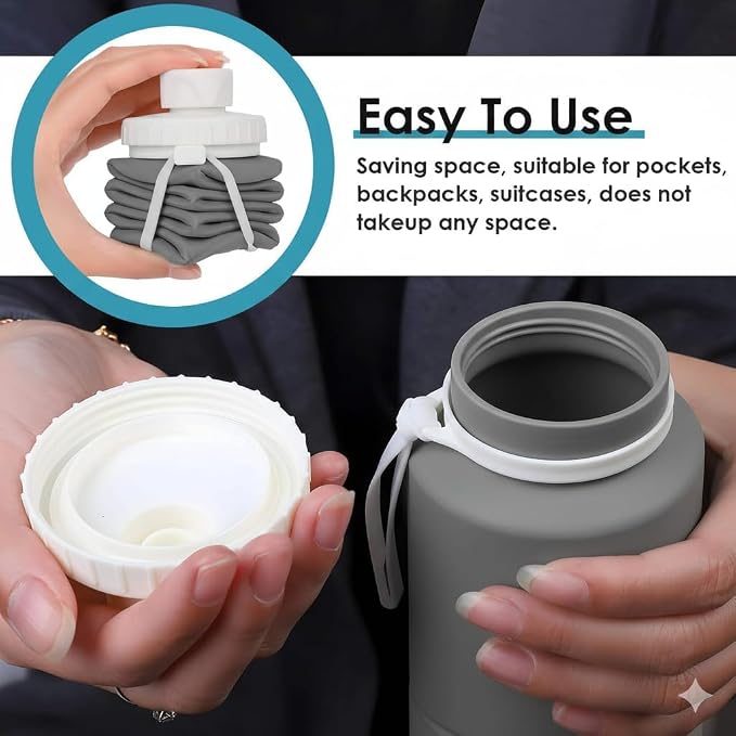 Folding Silicone Water Bottle | Collapsible Travel Water Bottle for Gym, Office, School, Cycling, Hiking & Outdoor Sports | Leak-Proof, Portable Bottle | 600 Ml (Grey)