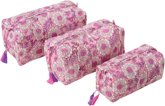 Saffron Marigold Quilted Makeup Bag Set of 3, Hand Block Printed Cotton Cosmetic Bags for Women, Waterproof Lined Travel Toiletry Bag, Coquette Floral Aesthetic, Handmade Gift, Lavendar & Rose Milk
