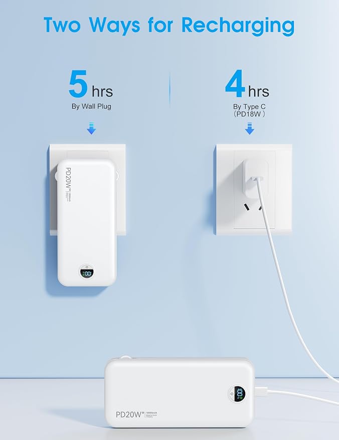citicr Portable Charger 10000mAh PD20W w/Built-in Cables & Wall Plug White | Fast charging, Built-in wall plug, LED display, Charge 5 devices at once, Pass through charging, TSA approved, Pocket size