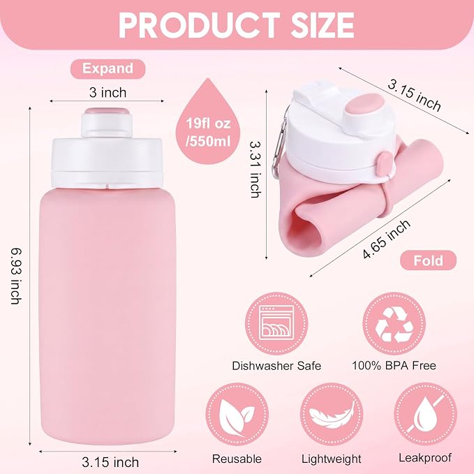 LemonRoad 2 Pcs 19 oz Silicone Collapsible Water Bottle Portable Foldable Water Bottle Leakproof with Carabiner Reusable Lightweight for Travel Sport Hiking Camping Cycling Office(Pink Green)