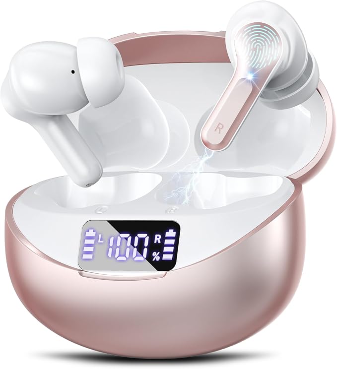 Wireless Earbuds, Bluetooth 5.4 Headphones HiFi Stereo 50H Playback LED Digital Display Ear Buds with ENC Noise Canceling Headset, IPX7 Waterproof Earphones for Running/Workout (Rose Gold)