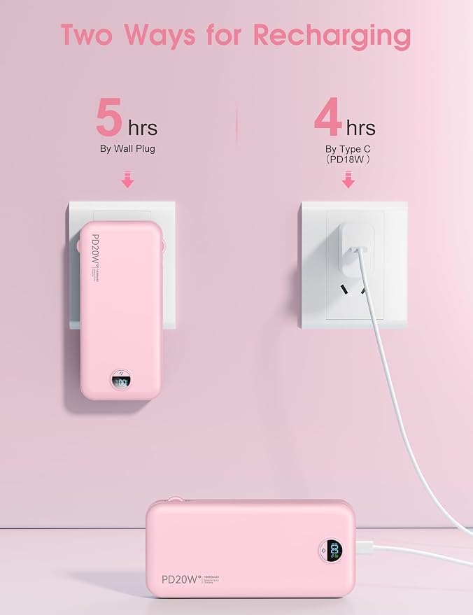 citicr Portable Charger 10000mAh PD20W w/Built-in Cables & Wall Plug Pink | Fast charging, Built-in wall plug, LED display, Charge 5 devices at once, Pass through charging, TSA approved, Pocket size