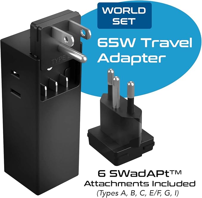 Ceptics 65W World Travel Adapter 3 USB Ports PD 3.0 Ultra Compact Charger 2 US Outlets [GaN Tech], Quick Type C, Charge Laptops, Cellphones in Europe, Asia, Africa, America and More