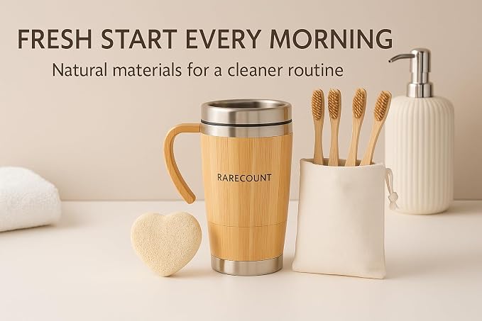 Eco Friendly Bamboo Coffee Tumbler Gift Set - Reusable Travel Mug with Lid, Insulated Stainless Steel Cup, Loofah Sponge & 5 Bamboo Toothbrushes, Sustainable Zero Waste Kit