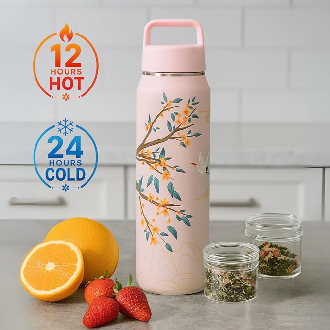 Farasi Loose Leaf Tea Infuser Bottle Wide Mouth Coffee, Fruit, Insulated Stainless Steel Water Bottle Infuser Tumbler - Leakproof Built In Handle Travel Mug Pink Floral 24 oz