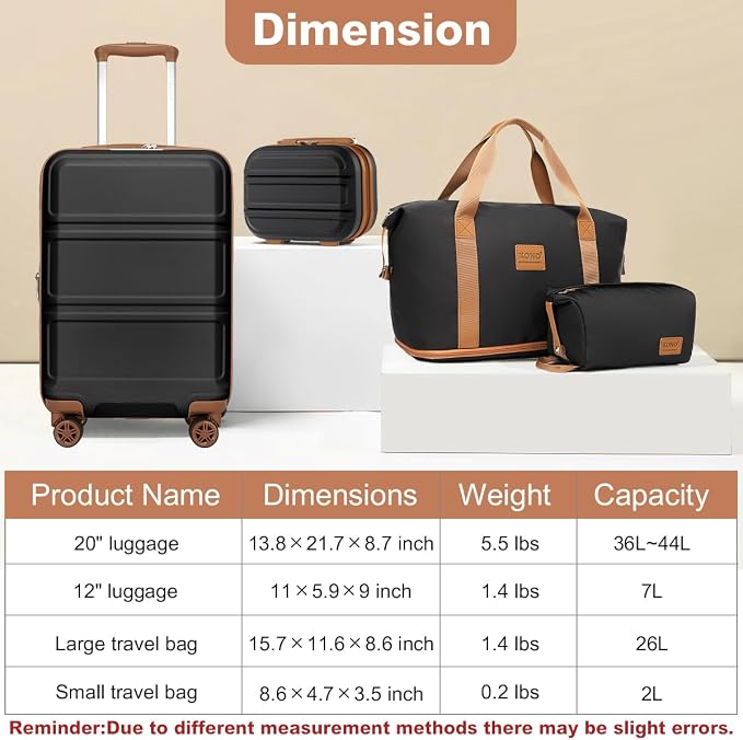 Kono Luggage Set 4 Piece Expandable Carry On Hardside Luggage with TSA Lock Spinner Wheels Lightweight PC+ABS Carry On Suitcase Apricot Black
