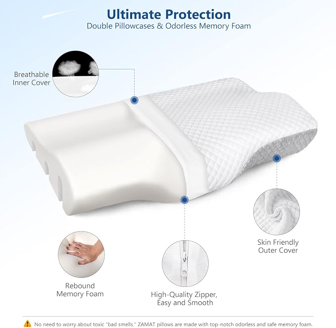 ZAMAT Contour Memory Foam Pillow for Neck Pain Relief, Adjustable Ergonomic Cervical Pillow for Sleeping, Orthopedic Neck Pillow with Washable Cover, Bed Pillows for Side, Back, Stomach Sleepers