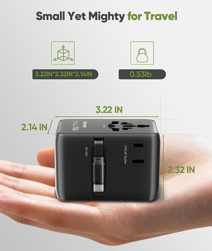 70W GaN Universal Travel Adapter with Retractable USB-C Cable, Fast Wall Charger for MacBook Pro/Air, Laptops, 6-in-1 International Plug for US/UK/EU/AU (Over 200 Countries)