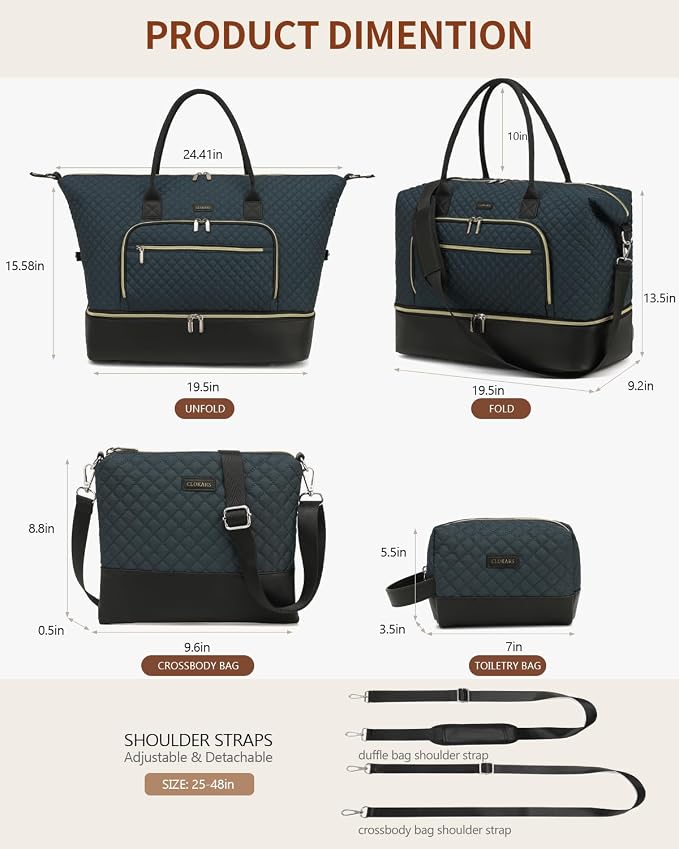 Weekender Bags for Women Travel, Under Seat Carry On Bags for Airplanes Overnight Bag with Shoe Compartment Luggage Sleeve, Foldie Travel Tote Bag Hospital Bag, Travel Gifts, PeacockBlue Black