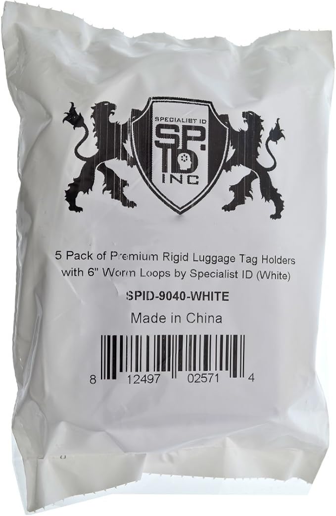 5 Pack - Premium Rigid Airline Luggage Tag Holders with 6" Worm Loops - Heavy Duty Hard Plastic -Suitcase ID Tag Identifiers with Business Card Insert Window by Specialist ID (White)