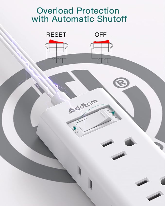 Cruise Essentials - Flat Plug Power Strip, Addtam 5 ft Ultra Flat Extension Cord with 6 Outlets Extender, No Surge Protector for Cruise Ship, Travel, Dorm, Home Office, ETL Listed