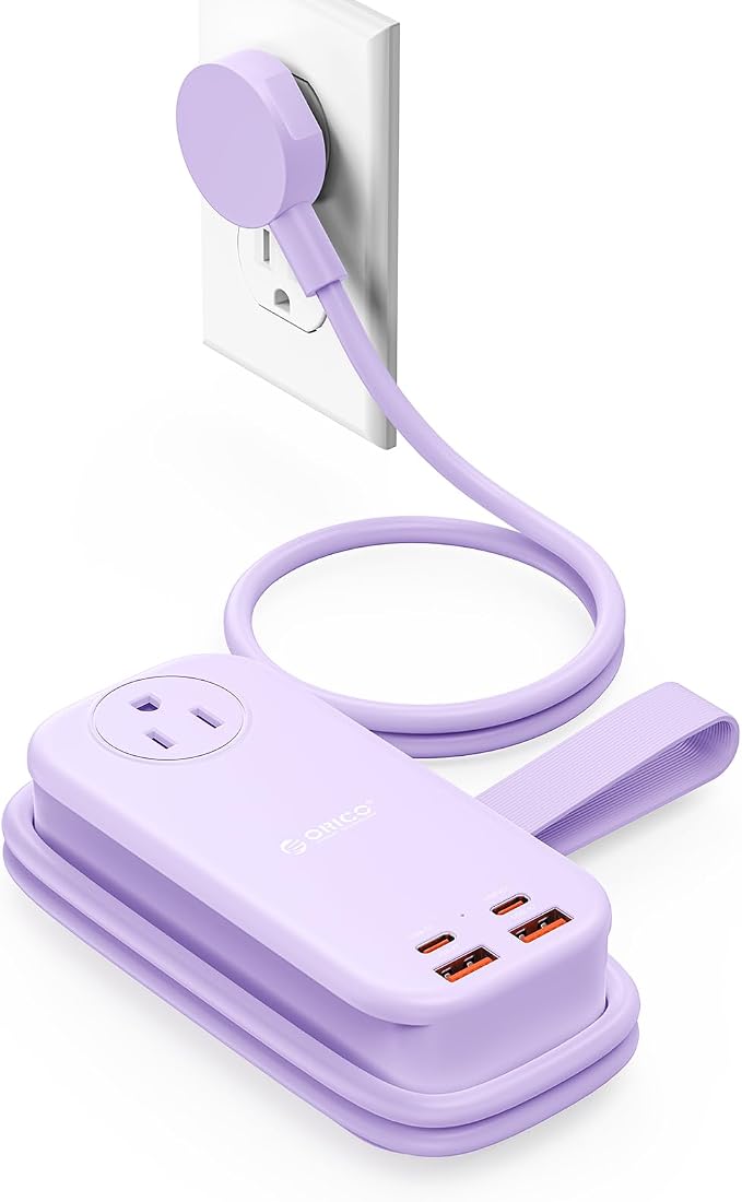 ORICO 100W GaN Power Strip for Laptop, 6 in 1 Multiple Outlets Extension Cord(2 AC Outlets, 2 USB-A, 2 USB-C Ports), 5ft Wrapped Flat Plug for Travel/Office ETL Listed