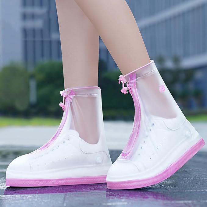 Rain Shoe Covers, 5 Pairs, Reusable, Non-Slip, Waterproof PVC, Mid-Calf, for Gardening, Cycling, Fishing, Walking in Rain, Snow, and Mud (Pink, L (EU 40-42))