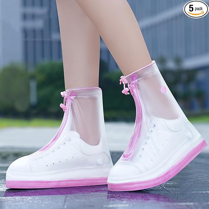 Rain Shoe Covers, 5 Pairs, Reusable, Non-Slip, Waterproof PVC, Mid-Calf, for Gardening, Cycling, Fishing, Walking in Rain, Snow, and Mud (Pink, XL (EU 43-45))