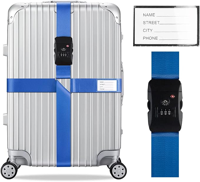 Veki Cross Luggage Straps Set TSA Approved with Lock Adjustable Travel Suitcase Belts Suitcase Tags with Name ID Card Packing Straps for Suitcases Strap Travel Accessories (Blue 1pcs)