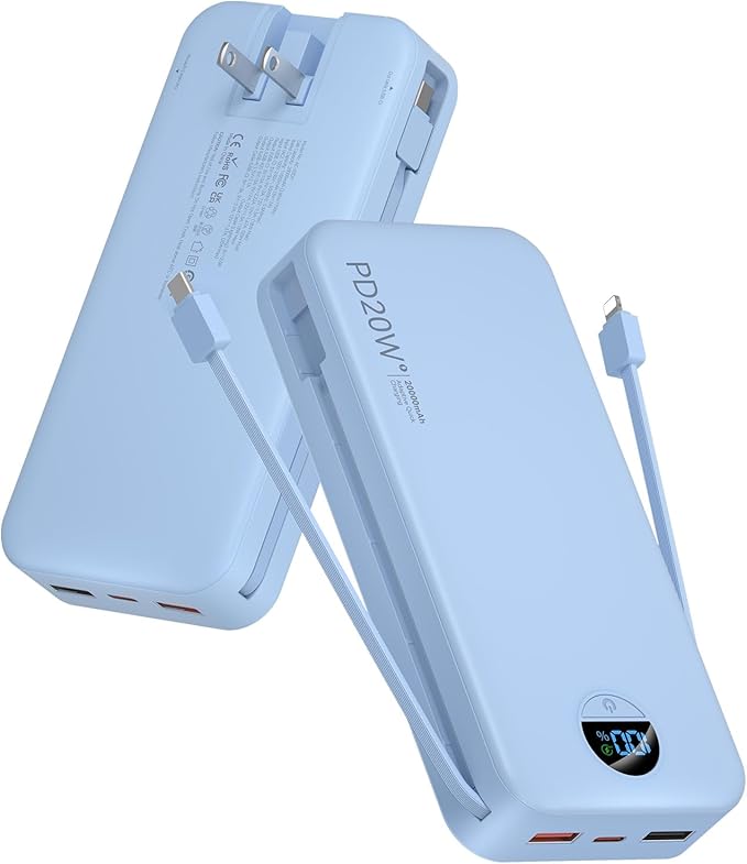 citicr Portable Charger 20000mAh PD20W w/Built-in Cables & Wall Plug Blue | High capacity, Fast charging, Built-in wall plug, LED display, Charge 5 devices at once, Pass through charging, TSA approved