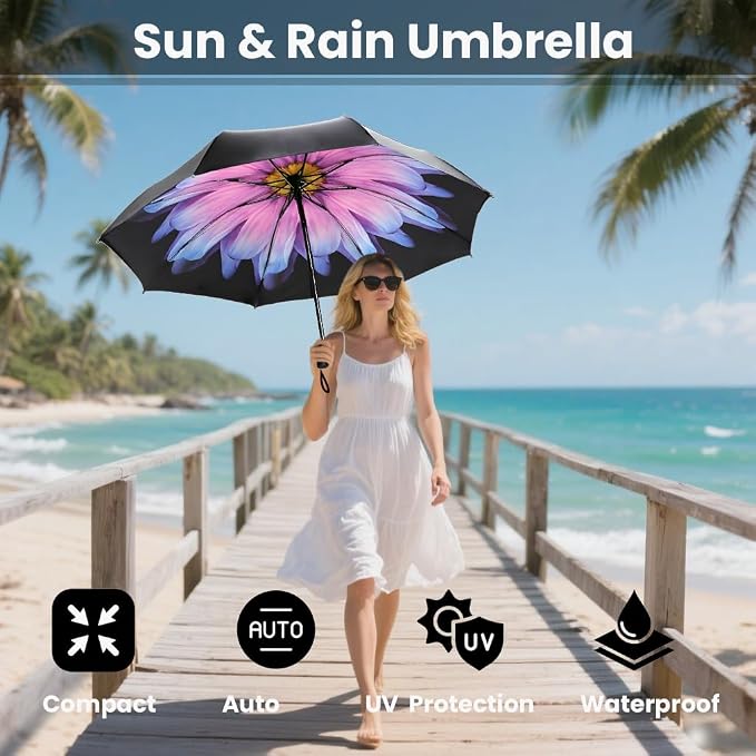 SIEPASA Compact Travel Umbrella - Windproof Auto Open/Close, Small Folding Umbrella for Rain & Sun with UPF50+ - Lightweight Frame, Waterproof - Fits Backpack, Purse, Suitcase.(Glaze)