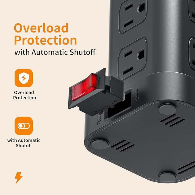Extension Cord with Multiple Outlets, SMALLRT Surge Protector Power Strip Tower, 10FT Outlet Extender with 12 AC Outlets 4 USB, Power Strip with USB Ports for Home Office Dorm Room,Overload Protection
