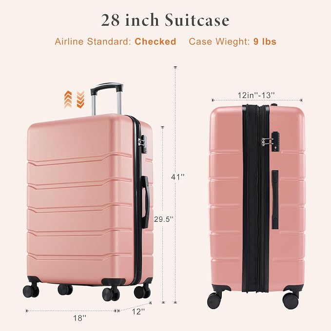 Sweetcrispy 28 Inch Checked Luggage, ABS Lightweight Rolling Hard Shell Suitcase with Smooth Spinner Wheels, Built-in TSA Lock, Durable Travel Suitcase for Business and Vacation Trip, Pink