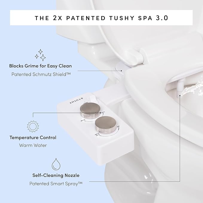 TUSHY Spa Warm Water Bidet Attachment for Toilet. Universal Fit, Easy Install (Requires Sink Access for Optional Temperature Control) Self Cleaning, Adjustable Pressure, Angle Control, Pink/Bamboo