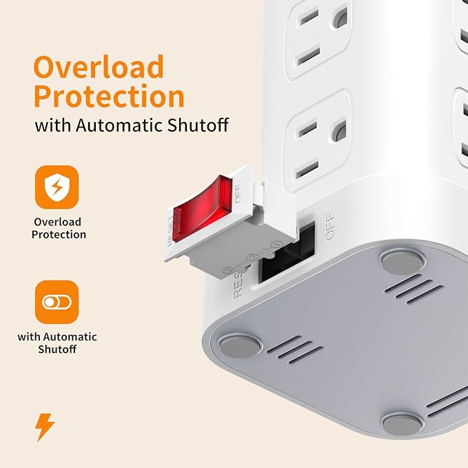Extension Cord with Multiple Outlets, SMALLRT Surge Protector Power Strip Tower, Outlet Extender with 12 AC Outlets 4 USB, 6.5FT Extension Cord for Home Dorm Room, Office Supplies,Overload Protection