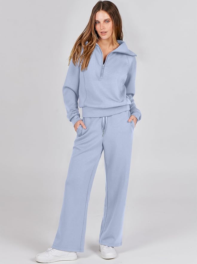 ANRABESS Women’s 2 Piece Outfits Half Zip Sweatshirt & Wide Leg Pants Airport Travel Lounge Matching Sets Sweatsuits Clothing