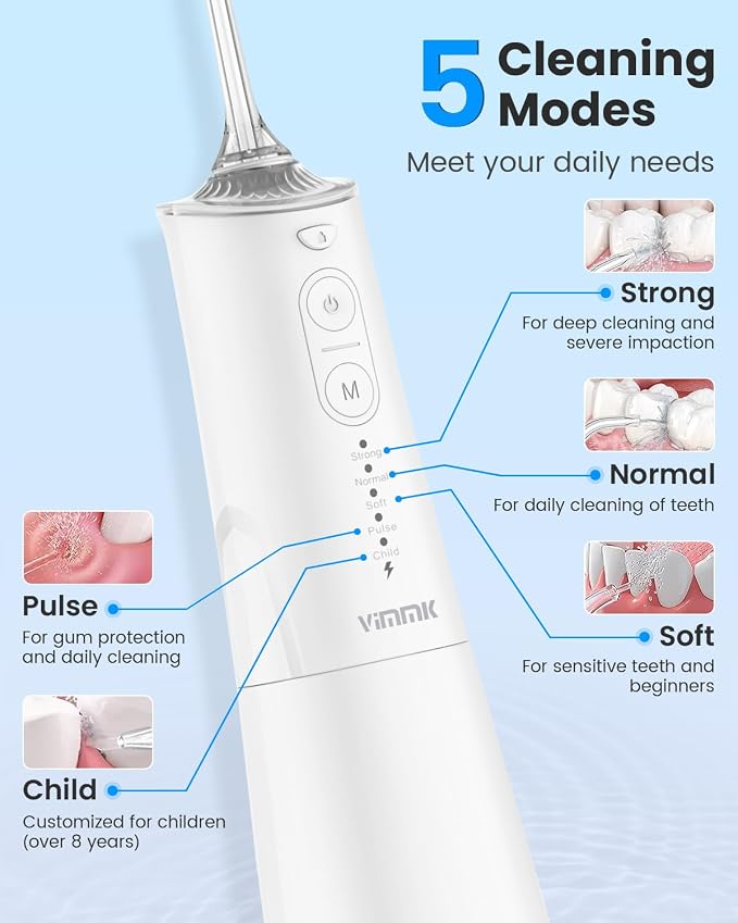 VIMMK Water Flosser, Cordless Water Dental Flosser, 9 Jet Tips 5 Modes 300ML IPX7 Waterproof, Portable Rechargeable Oral Irrigator for Home Travel - Gums, Orthodontic, Braces Care (White)