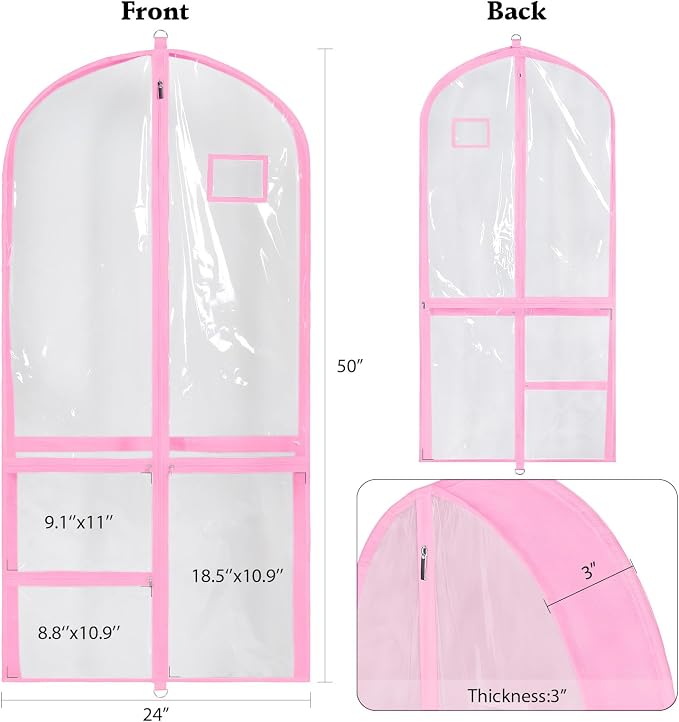 Univivi Clear PVC Dance Costume Bags 50 Inch Garment Bag for Dance Competitions, with 3 Seperated Medium Clear Zipper Pockets and 1 Large Back Zippered Pocket (Pink)