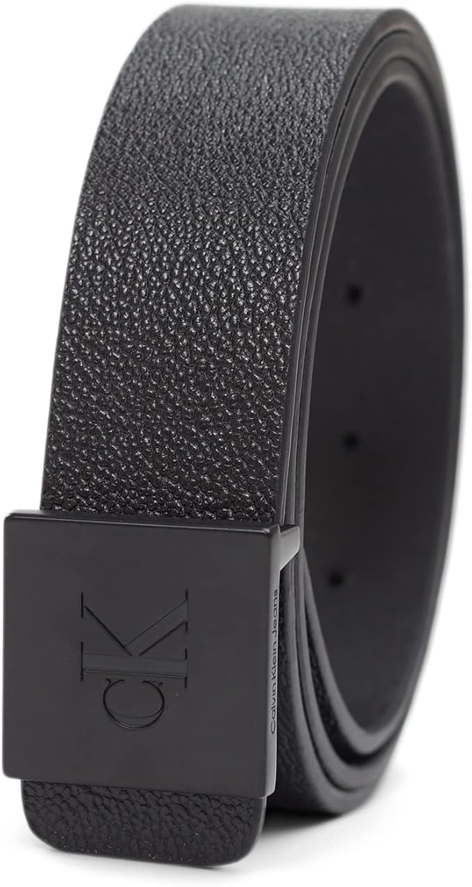 Calvin Klein Men's Plaque Buckle Belt - Casual Modern Style With Logo Detail for Jeans and Dress Pants