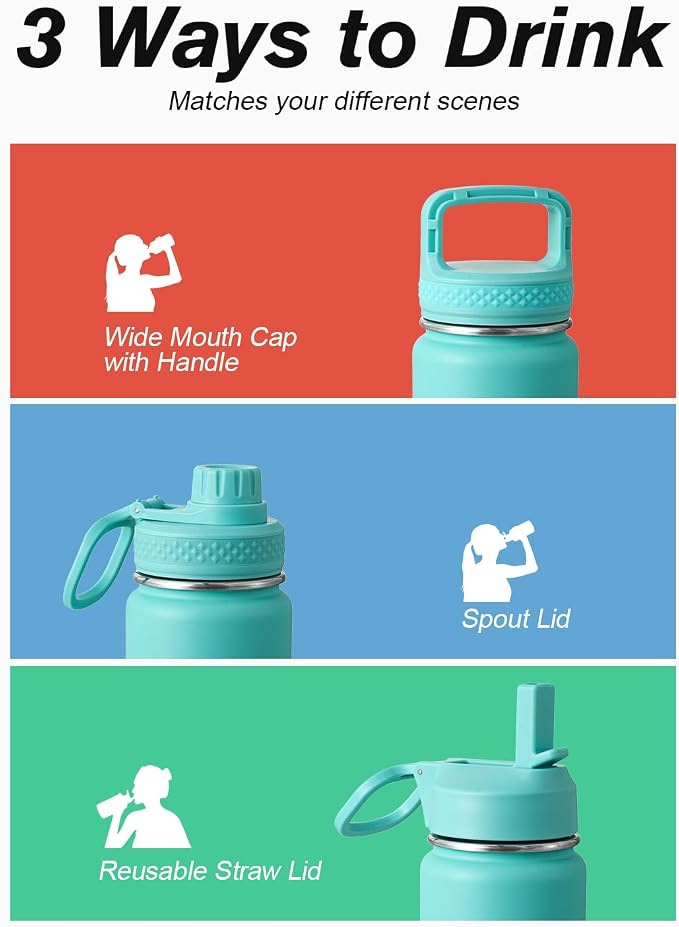 Coolflask Water Bottle 24 oz Insulated with Straw, Stainless Steel Metal 3 Lids Water Flask Wide Mouth for Sports or Office, Non-BPA Keep Cold Up to 48 Hrs or Hot Up to 24 Hrs, Pacific Prince