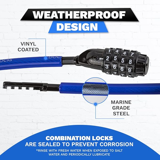 DocksLocks Weatherproof Coiled Security Cable Lock (5ft to 25ft Lengths) with Resettable Combination, Anti-Theft Protection for Kayaks, Bikes, Paddleboards, Scooter, Equipment, Bicycles and More 10ft