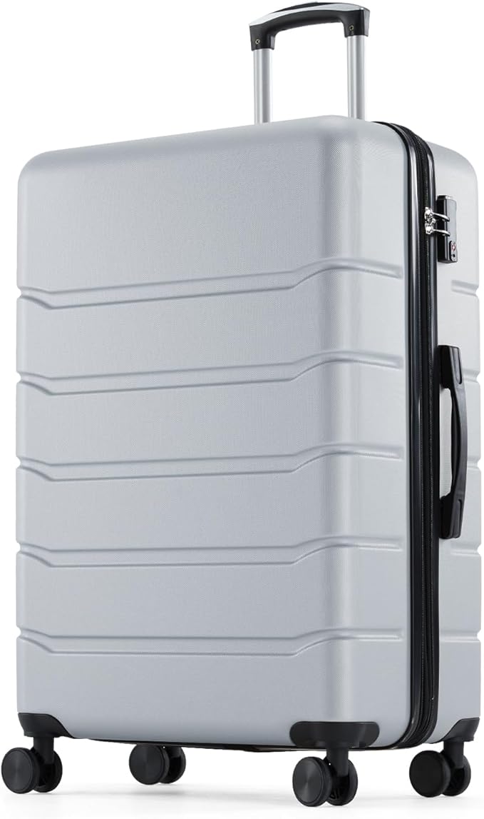 NEWBULIG 24 Inch Checked Luggage, ABS Hard Shell Lightweight Rolling Expandable Suitcase with Smooth Spinner Wheels and TSA Lock for Business Trips and Daily Vacations, Light Grey