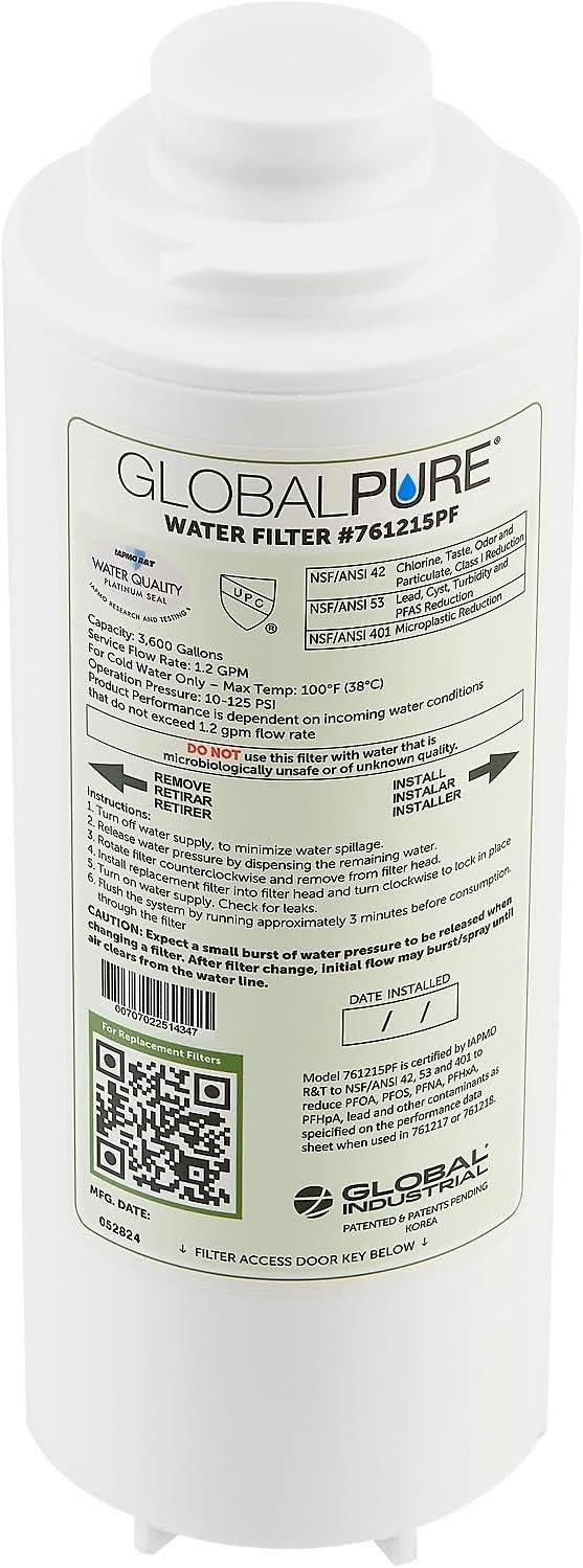 Global Industrial Global Pure Replacement Water Filter PFAS, 3,600 Gallon Capacity, Drinking Fountain and Bottle Fillers Replacement Filter, Cold Water Filter Only