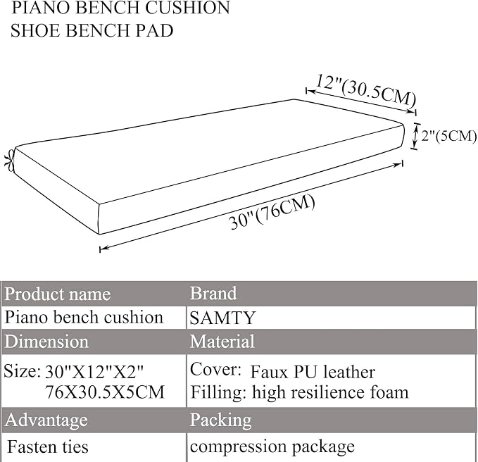 Waterproof Faux PU Leather Piano Bench Cushions with Ties for Kids Wooden Shoe Stool Pad (30"X 12"X 2", Brown)
