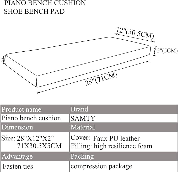 Waterproof Faux PU Leather Piano Bench Cushions with Ties for Kids Wooden Shoe Stool Pad 28"X 12" inch, Black
