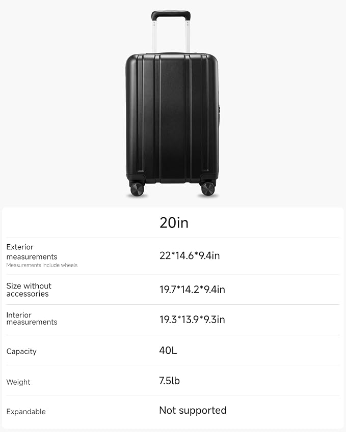 LUGGEX Carry On Luggage 22x14x9 Airline Approved, L2 100% PC Hard Shell Travel Suitcase with Smooth Spinner Wheels, TSA Lock (Black, 20 Inch, 40L)
