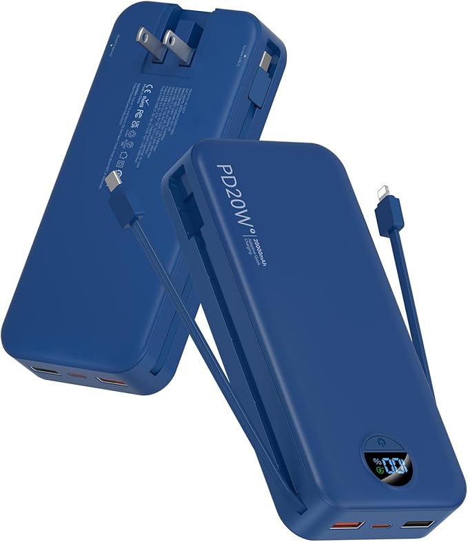 citicr Portable Charger 20000mAh PD20W w/Built-in Cables & Wall Plug Navy | High capacity, Fast charging, Built-in wall plug, LED display, Charge 5 devices at once, Pass through charging, TSA approved