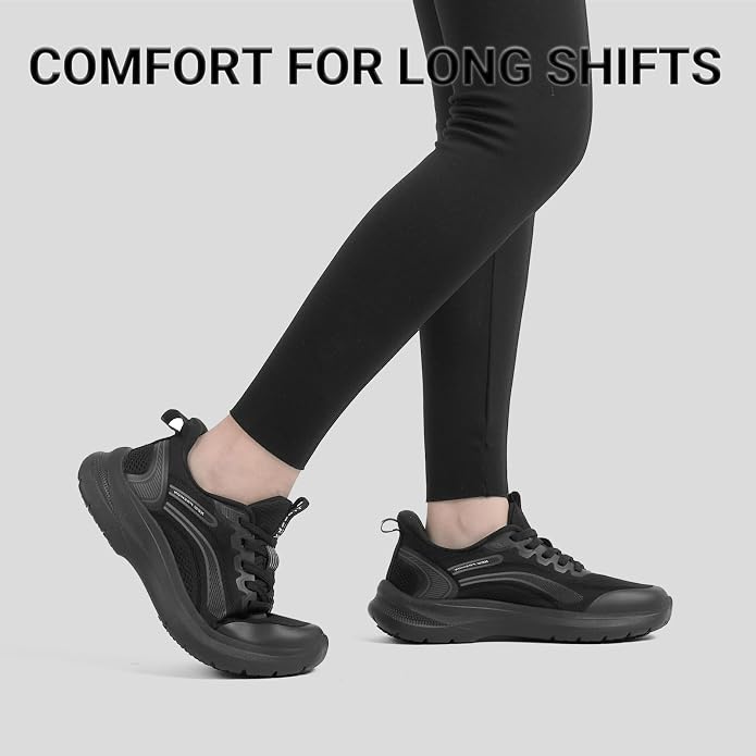 Treesky Black Non Slip Work Shoes for Women, Restaurant & Kitchen Sneakers | Slip resistant soles, lightweight cushioning, breathable knit, removable insole, for nursing, food service & long shifts