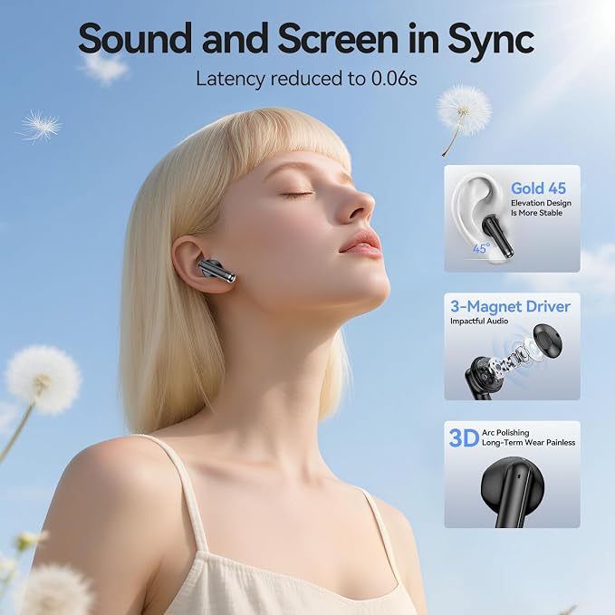 Wireless Earbuds, Bluetooth 5.4 Headphones HiFi Stereo with 4 HD Mic, 50H Playtime Bluetooth Earbuds with Dual LED Display, IPX7 Waterproof Wireless Earphones, Touch Control Ear Buds,USB-C, Black