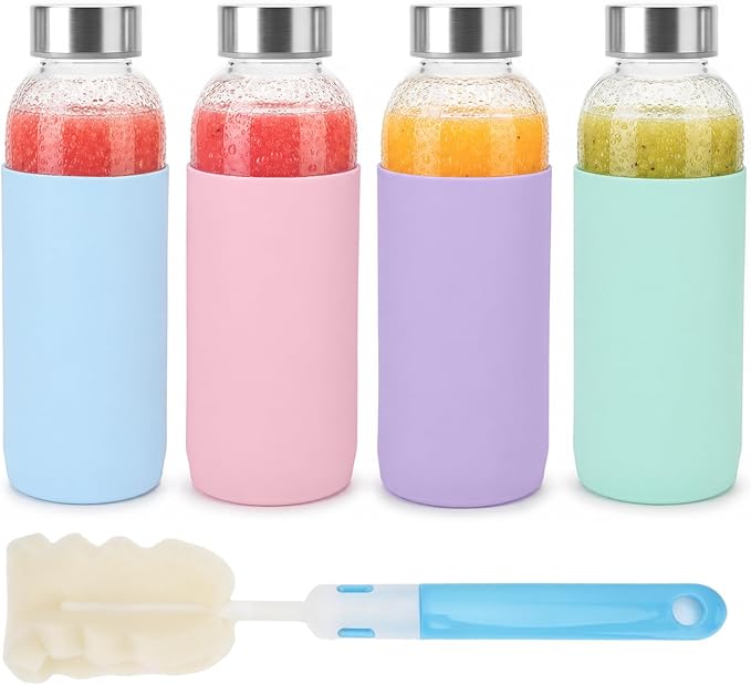 Luxfuel 16 oz Glass Juice Bottles with Lids & Silicone Sleeves, 4 Pack Reusable Glass Water Bottles with Stainless Steel Cap for Juicing, Smoothies & Refrigerator, Leak-Proof,BPA-Free Juice Containers
