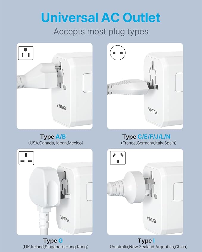 Universal Travel Adapter, VINTAR 70W GaN International Power Adapter with 5 USB Ports (3 USB-C), Worldwide Travel Plug Adaptor, All in One Travel Essentials Outlet Converter for UK/EU/USA/AUS, White