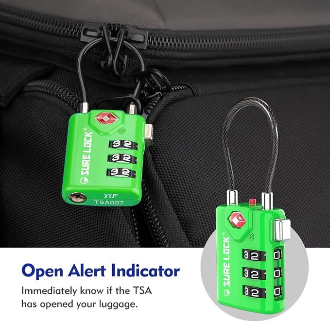 SURE LOCK TSA Approved Luggage Locks with Open Alert Indicator, 3 Digit Combination Cable Travel Lock for Suitcase, Backpack, Gym Locker, Toolbox & Travel Bag（Green 2 Pack