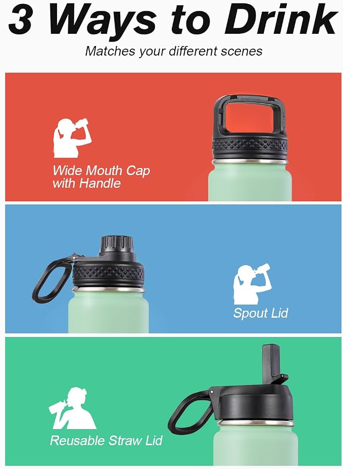 Coolflask Water Bottle 20 oz Insulated with Straw, Stainless Steel Metal 3 Lids Water Flask Wide Mouth for Sports or Office, Non-BPA Keep Cold Up to 48 Hrs or Hot Up to 24 Hrs, Ombre Green