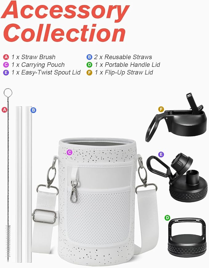 Half Gallon Water Bottle Insulated with Straw&3 Lids, Coolflask 64 oz Water Jug Galaxy Large Metal Stainless Steel flask for Gym, Sports and Office, Keep Cold 48H Hot 24H, Arctic White