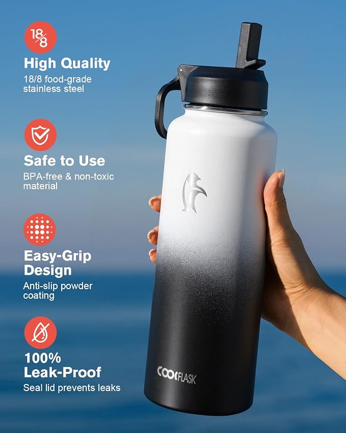 Coolflask Water Bottle 40 oz Insulated with Straw, Stainless Steel Metal 3 Lids Water Flask for Sports or Office, Keep Cold 48H Hot 24H, White & Black