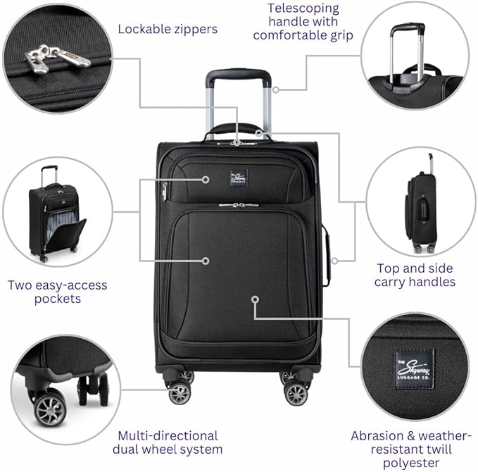 Skyway Epic Softside Carry-On Luggage - Lightweight Suitcase with Wheels for Travel | TSA Approved Carry-On Bag | Spinner Suitcase | Carry-On Luggage with Telescoping Handle, 20 inch, Black
