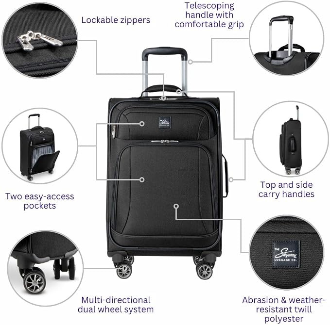 Skyway Epic Softside 3-Piece Luggage Set - Lightweight Suitcase with Wheels | TSA Approved Travel Bag | Spinner Suitcase | Luggage Set with Telescoping Handle, 20", 24" & 28", Black