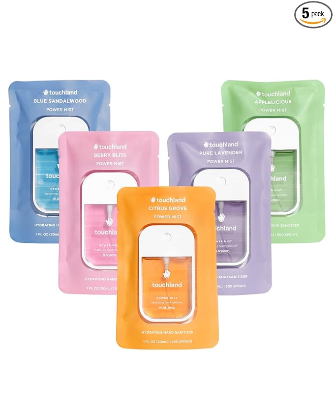 Touchland Hydrating Hand Sanitizer Spray – Top 5 Set (Applelicious, Blue Sandalwood, Pure Lavender, Berry Bliss, Citrus Grove) – 5 x 1 FL OZ Travel Size Mists