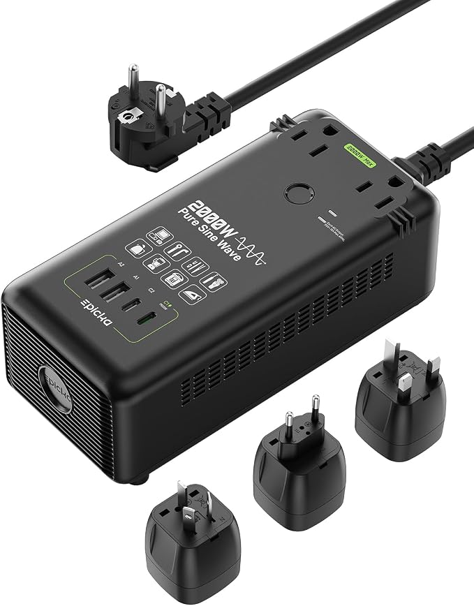 EPICKA 2000W Pure Sine Wave Voltage Converter, 220V to 110V Power Transformer with 20W PD USB-C Fast Charging, 2 AC Sockets, 4 USB Ports (2A + 2C), Universal Travel Plug Adapter for EU/UK/AU/JP, Black
